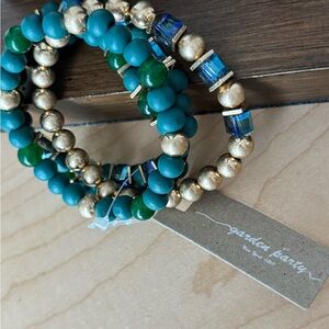 Garden Party Teal, Champagne and Gold Tone Beaded Bracelet Set
